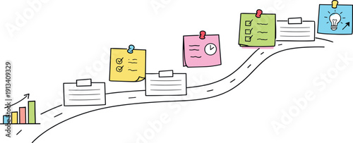 Milestone roadmap path, notebook strips as checkpoints, mini chart and calendar icons, pinned sticky notes for Personal