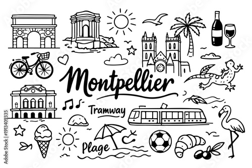 Montpellier France travel doodle set, hand drawn occitanie landmarks, mediterranean lifestyle and city symbols in line art style