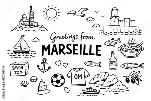 Marseille France travel doodle set, hand drawn provence landmarks, mediterranean sea symbols and traditional food in line art style
