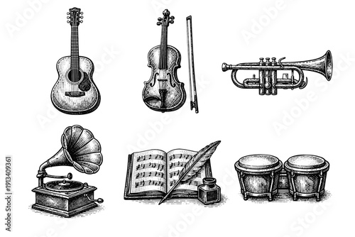 Vintage musical instruments engraving set, antique sketch in woodcut style