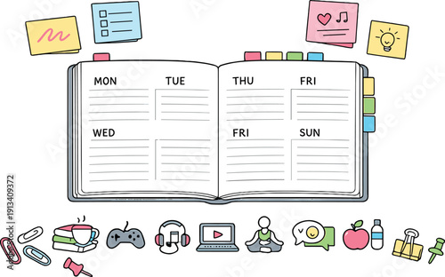 Open weekly planner spread, tabbed notebook pages, paper clips and sticky notes, small reminder icons for Study break reminders