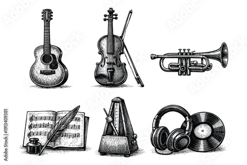 Vintage musical instruments engraving set, antique sketch in woodcut style