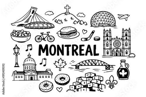 Montreal Canada travel doodle set, hand drawn Quebec landmarks, hockey symbols, local food and maple leaf in line art style