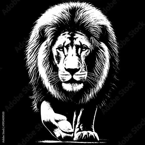 "Vector style lion silhouette roaring on top of a mountain rock, bold black solid fill, detailed mane outline, tail hanging down, side facing pose, high contrast, simple background"