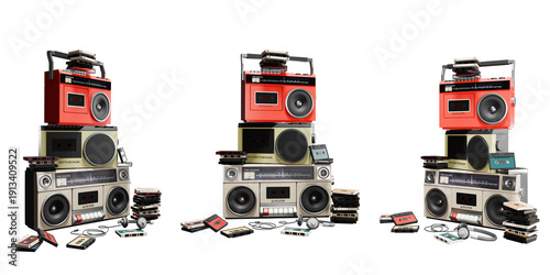 Foto Multiple views of vintage boombox stack and colorful cassette, tapes on transpar
