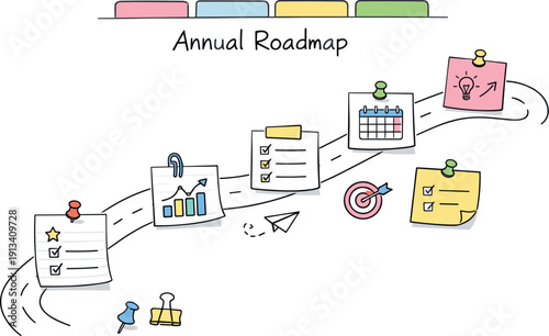 Milestone roadmap path, notebook strips as checkpoints, mini chart and calendar icons, pinned sticky notes for Annual roadmap