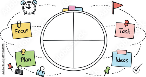 Circular planning wheel, orbiting sticky notes, tiny clock and flag icons, curved dotted paths for Remote work organization with