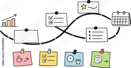 Milestone roadmap path, notebook strips as checkpoints, mini chart and calendar icons, pinned sticky notes for Desk organization