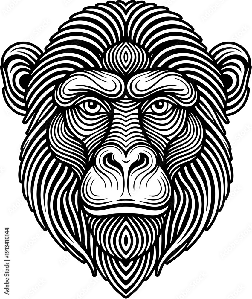 Obraz premium Stylized Chimpanzee Head Line Art Illustration, Black and White Tribal Primate Design