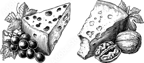 Vintage cheese and fruit engraving set for culinary design and decor