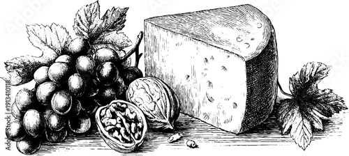 Vintage engraved illustration of cheese wedge with grapes and walnuts for culinary design