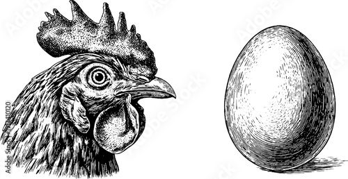 Vintage chicken engraving featuring hen head and full body with egg design for print poster