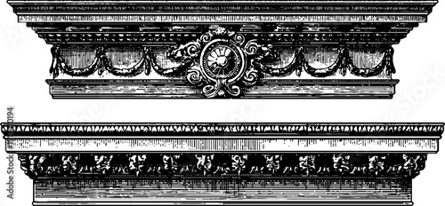 Classical cornice and dentils engraving set for architectural design