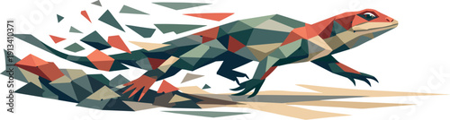 Lizard's Agile Sprint. Low-poly vector illustration of a lizard sustaining its rock sprint into open ground, controlled angular