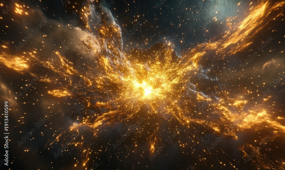 Obraz premium Vibrant cosmic explosion of golden light and stars in deep space