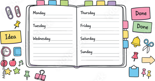 Open weekly planner spread, tabbed notebook pages, paper clips and sticky notes, small reminder icons for Classroom routine chart