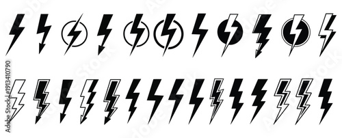 Collection of various lightning bolt symbols and silhouette icons in different styles and orientations