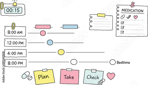 Daily schedule timeline with time blocks, timer and notebook page scraps, sticky notes and progress dots for Medication reminder