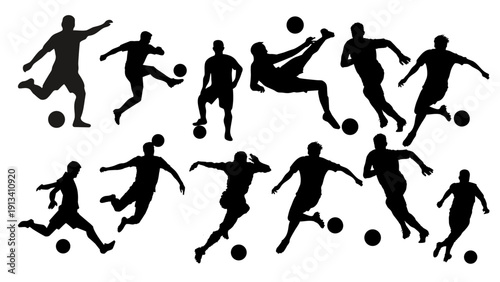 Set of vector silhouette of a football player with a white 