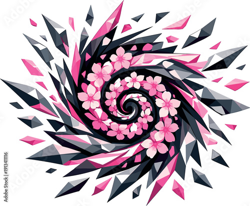 Low-poly vector illustration of a cherry blossom swirl breakthrough moment, petals snapping into a clear harmonious spiral with