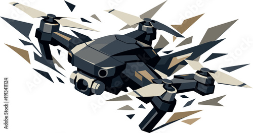 Drone Air Resistance. Low-poly vector illustration of a drone encountering peak air resistance mid-swoop, body twisted slightly