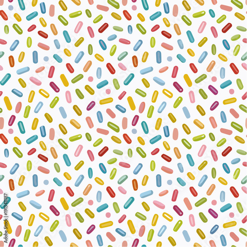 Seamless vector pattern with decorative sprinkles. Colourful donut glaze or ice cream top festal background.