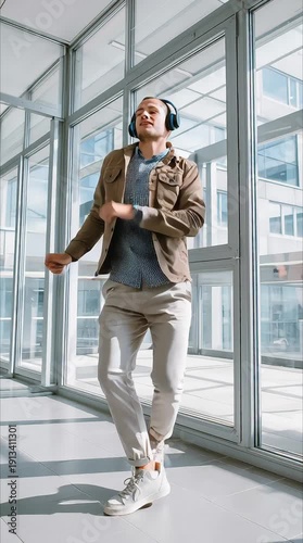 Energetic young man with headphones joyfully dancing and moving freely in a bright, modern corporate corridor, enjoying a moment of personal expression and music