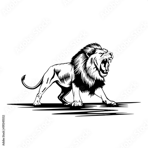 Side profile roaring lion silhouette on rock peak, solid black shape, dramatic wildlife scene, minimalistic design, clean white background, high detail mane edges"