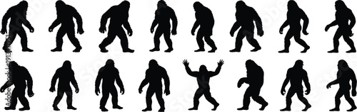 Bigfoot Silhouette Collection Featuring Walking and Standing Sasquatch Poses Isolated on White Background Vector Illustration Set for Design