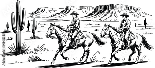 Western Cowboy Desert Illustration Featuring Horseback Riders with Cactus and Mesa Mountains Vintage Hand Drawn Line Art Style