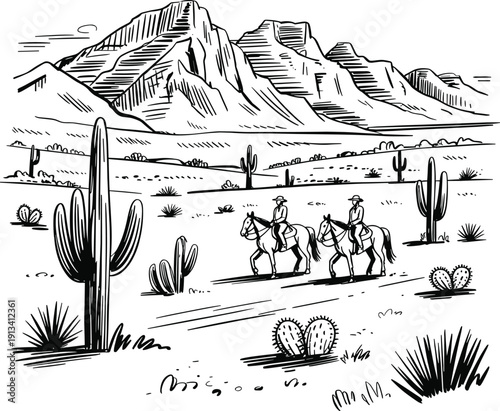Western Desert Landscape Illustration Featuring Cowboys on Horseback with Cactus and Mountain Range Vintage Hand Drawn Line Art Style
