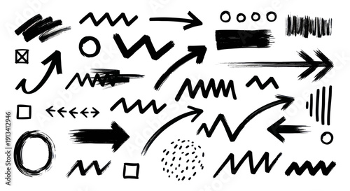 Collection of Hand Drawn Black Arrows and Scribble Elements.