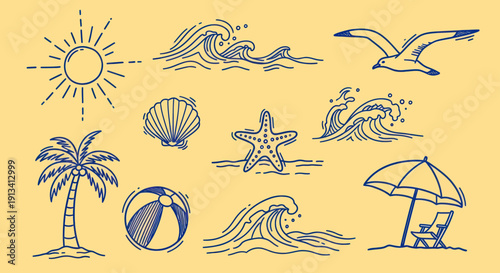 Collection of Hand Drawn Summer Beach Icons and Symbols.