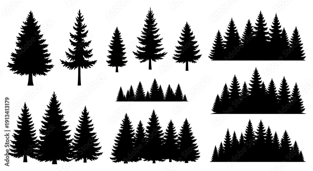 Obraz premium Collection of various pine tree silhouettes and forest landscapes.
