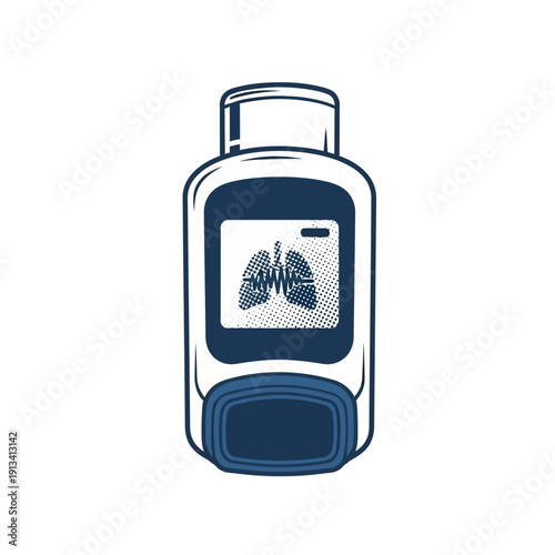 Vector Illustration of a Smart Asthma Inhaler with Lungs X-ray Display on a White Background, Medical Device Technology