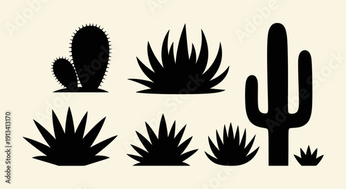 Collection of various desert plants and cacti silhouettes.