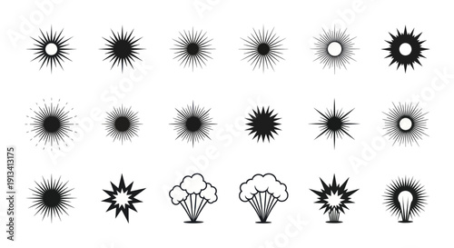 Collection of various explosion and starburst graphic elements in black and white.