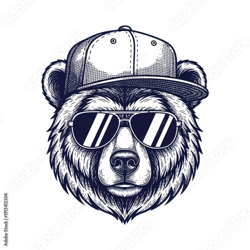 Cool Bear Wearing Sunglasses and Baseball Cap Illustration.