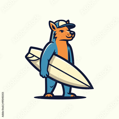 Cool Surfer Kangaroo Mascot with Surfboard and Cap.
