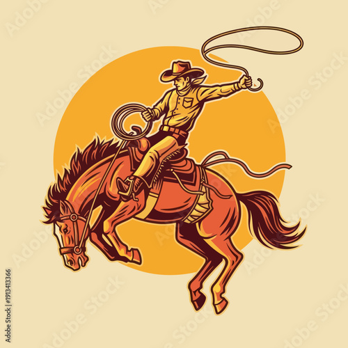 Cowboy riding a bucking horse with a lasso.
