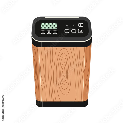 Contemporary Vector illustration of a smart home air comfort appliance, an intelligent device for improved indoor wellness, featuring a sleek wood-grain finish and digital display