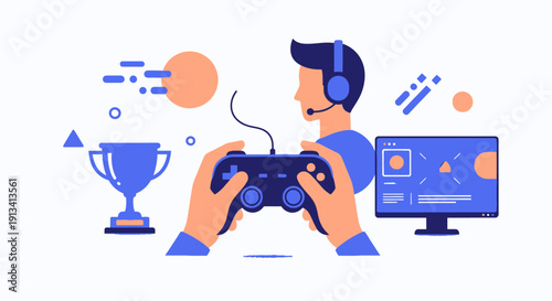 Gamer holding controller near computer and trophy, digital game concept art