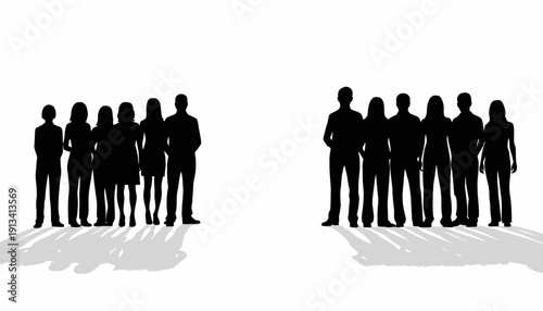 Silhouettes of people standing in groups with shadows.