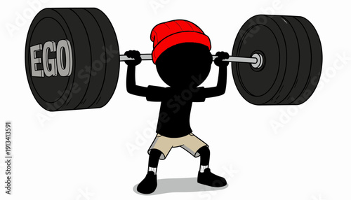Cartoon character lifting heavy weight with ego written on it.