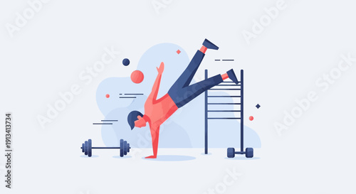 Man doing a handstand exercise with weights and a ladder, healthy lifestyle