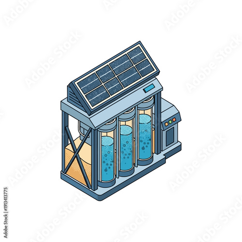 Isometric vector illustration of a solar-powered desalination plant, a sustainable solution for water purification and resource management