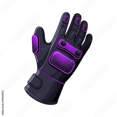 A single vector illustration of a black protective glove with purple accents, isolated on a white background for versatile design applications