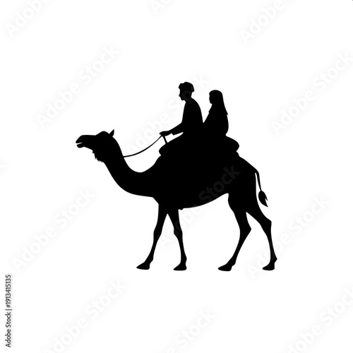 "Silhouette art of camel walking with handler in front holding rope, rider sitting on top, full side view, bold black flat design, isolated on light background, clean edges"