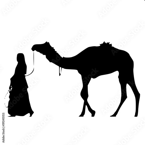 "Silhouette art of camel walking with handler in front holding rope, rider sitting on top, full side view, bold black flat design, isolated on light background, clean edges"