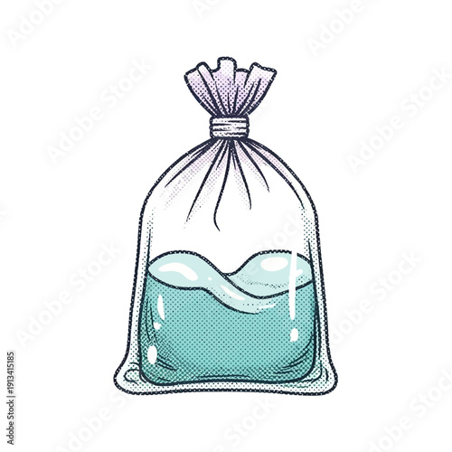 Stylized Vector Illustration of a Clear Plastic Bag Filled with Refreshing Blue Water, Hand-Drawn Liquid Container Graphic Element for Design Projects